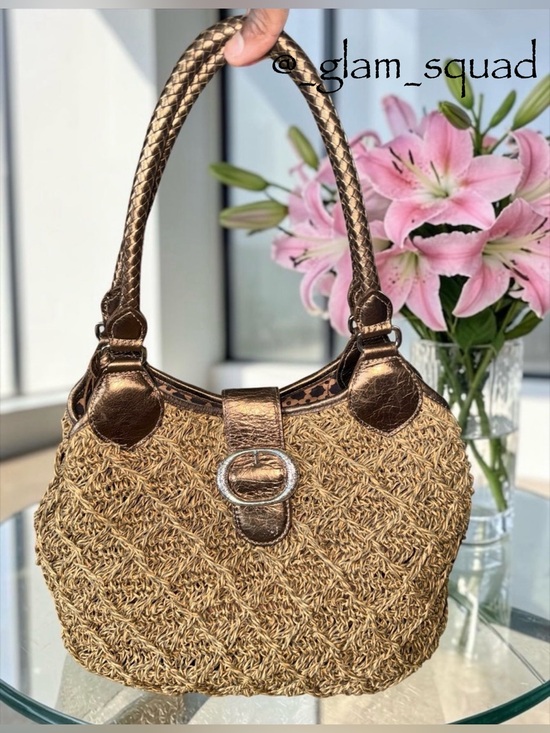 Brighton Handbags - Brighton Raven Woven Raffia & Metallic Bronze Leather Hobo Bag EUC